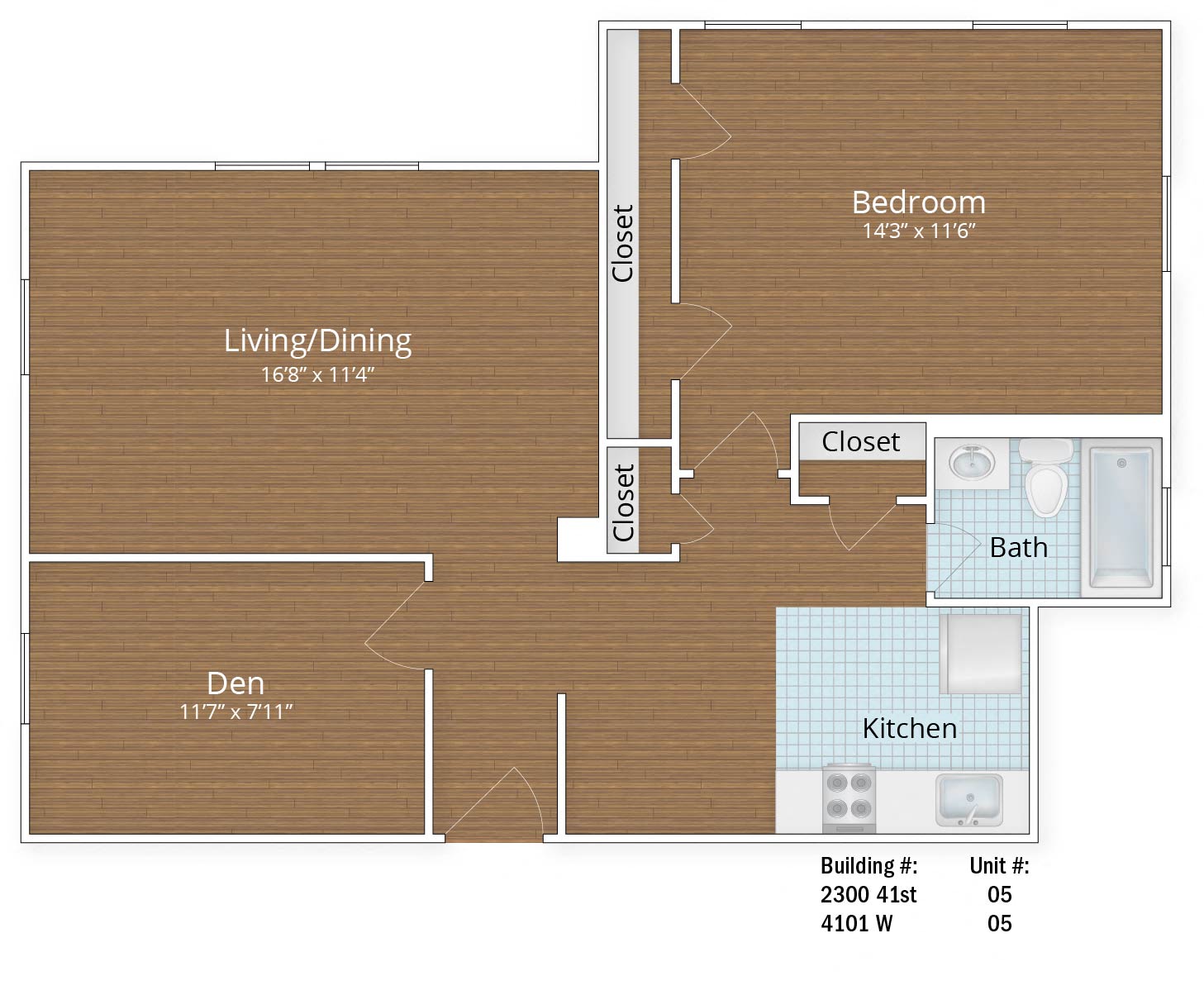 Floor plan for 1 bed, 1 bath, 944 sqft