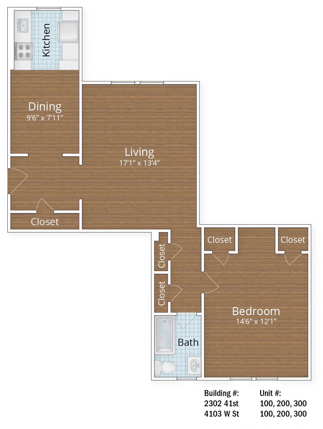Floor plan for 1 bed, 1 bath, 842 sqft