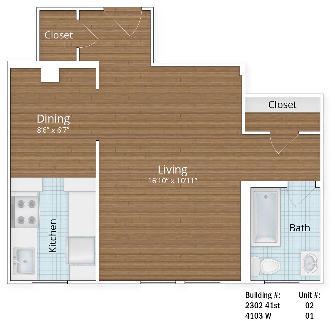 Floor plan for studio, 1 bath, 570 sqft