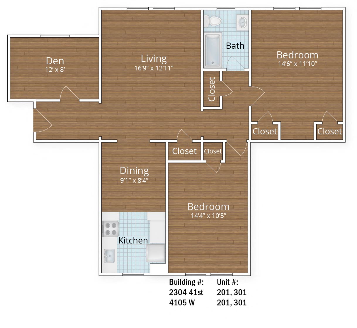 Floor plan for 2 beds, 1 bath, 1097 sqft