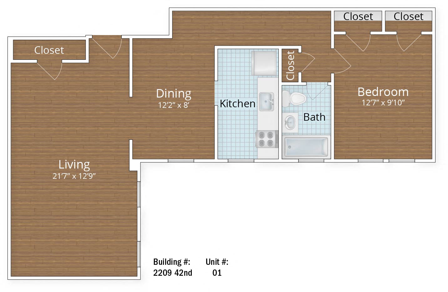 Floor plan for 1 bed, 1 bath, 837 sqft