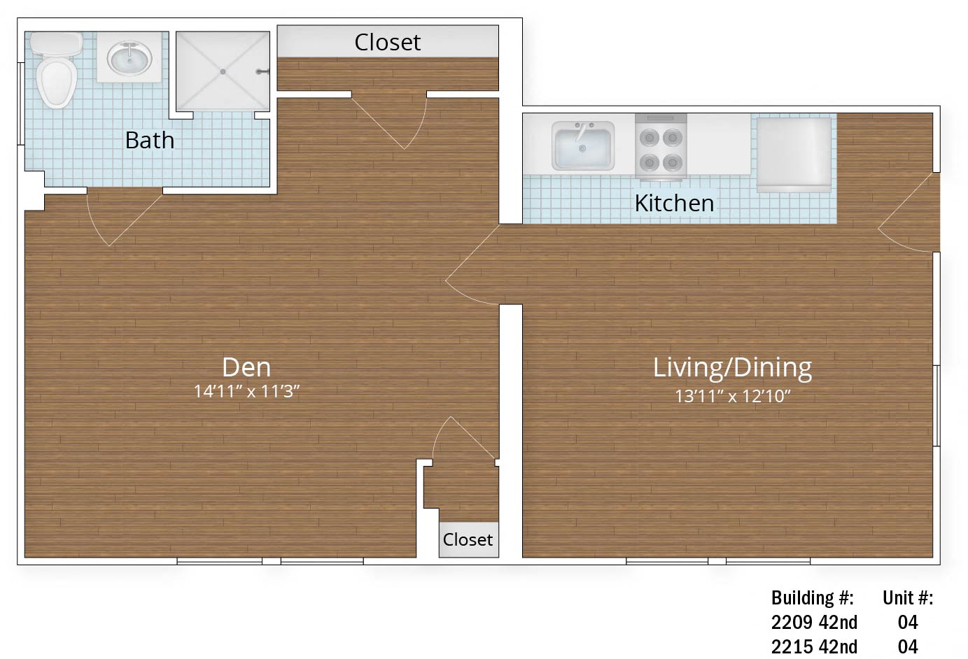 Floor plan for studio, 1 bath, 528 sqft