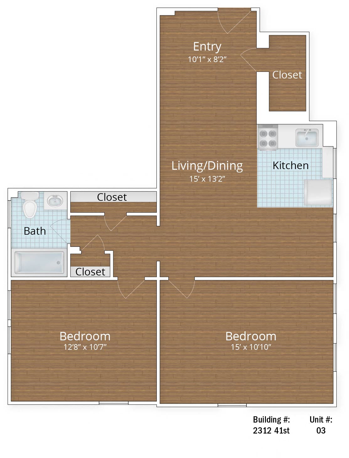 Floor plan for 2 beds, 1 bath, 907 sqft