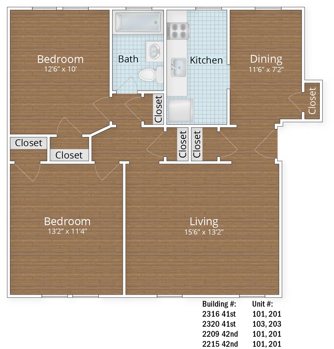 Floor plan for 2 beds, 1 bath, 1020 sqft