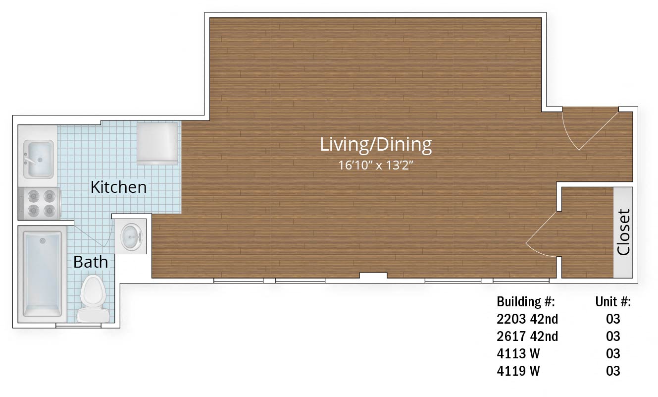 Floor plan for studio, 1 bath, 387 sqft
