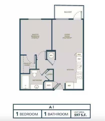 Floor plan for 1 bed, 1 bath, 597 sqft
