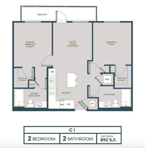 Floor plan for 2 beds, 2 baths, 892 sqft