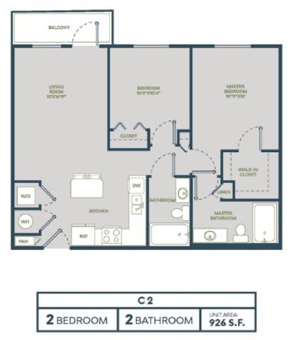 Floor plan for 2 beds, 2 baths, 926 sqft