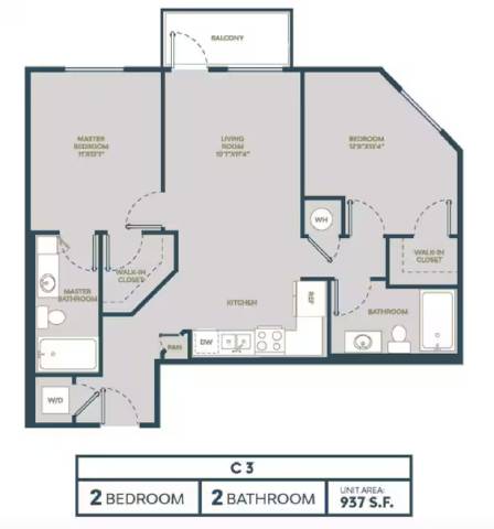 Floor plan for 2 beds, 2 baths, 937 sqft