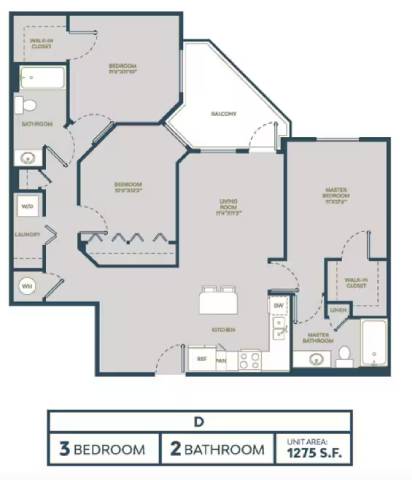 Floor plan for 3 beds, 2 baths, 1235 sqft