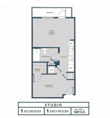 Floor plan for 1 bed, 1 bath, 532 sqft