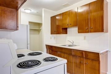 Edmonton apartment for rent - A white stove in a kitchen with wooden cabinets.