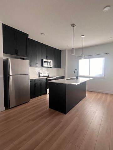 Edmonton apartment for rent - A kitchen with black cabinets and a wooden floor.