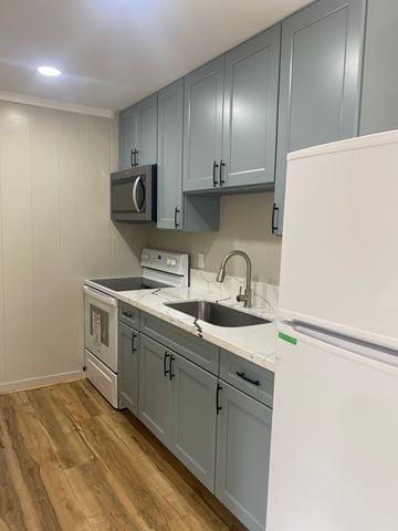 Honolulu apartment for rent - A kitchen with a white fridge, grey cabinets and a white counter top.