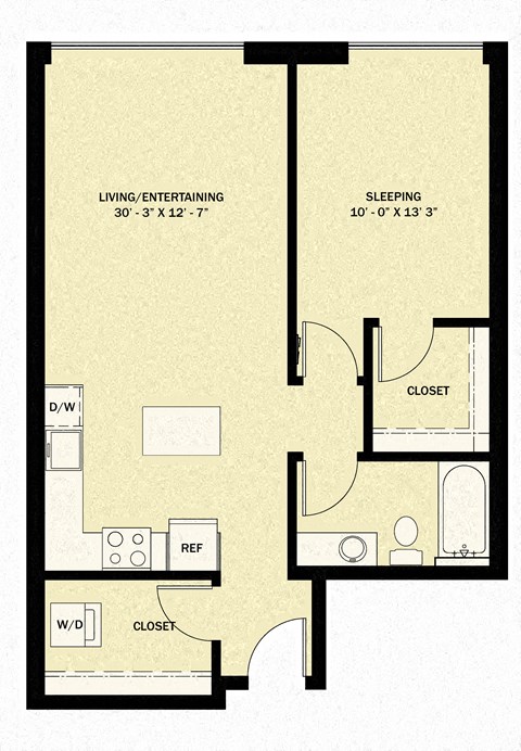Floor plan for 1 bed, 1 bath, 753 sqft