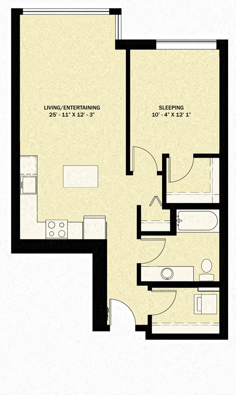 Floor plan for 1 bed, 1 bath, 751 sqft