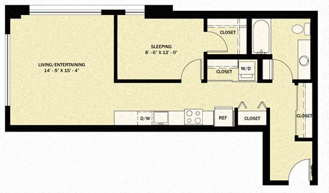 Floor plan for 1 bed, 1 bath, 747 sqft