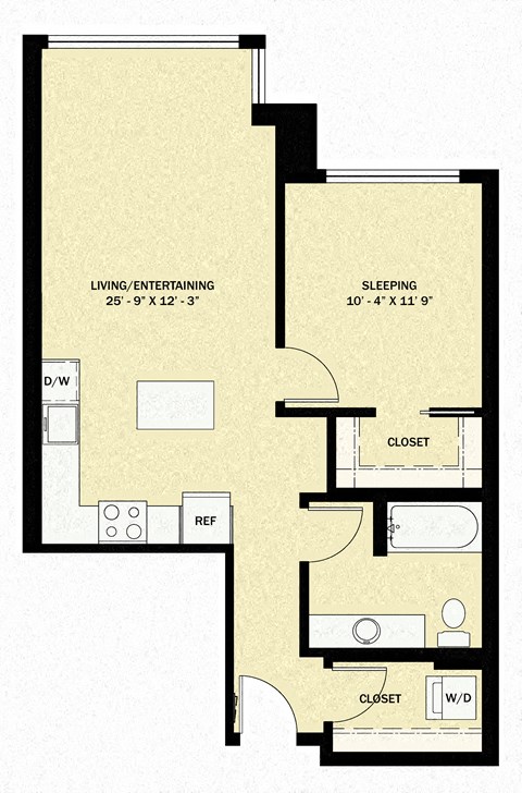 Floor plan for 1 bed, 1 bath, 721 sqft