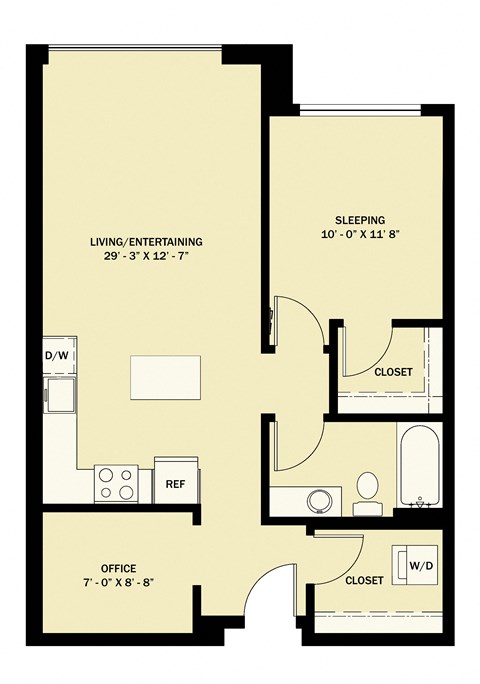 Floor plan for 1 bed, 1 bath, 784 sqft