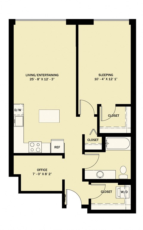 Floor plan for 1 bed, 1 bath, 770 sqft