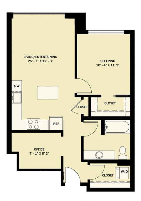 Floor plan for 1 bed, 1 bath, 740 sqft