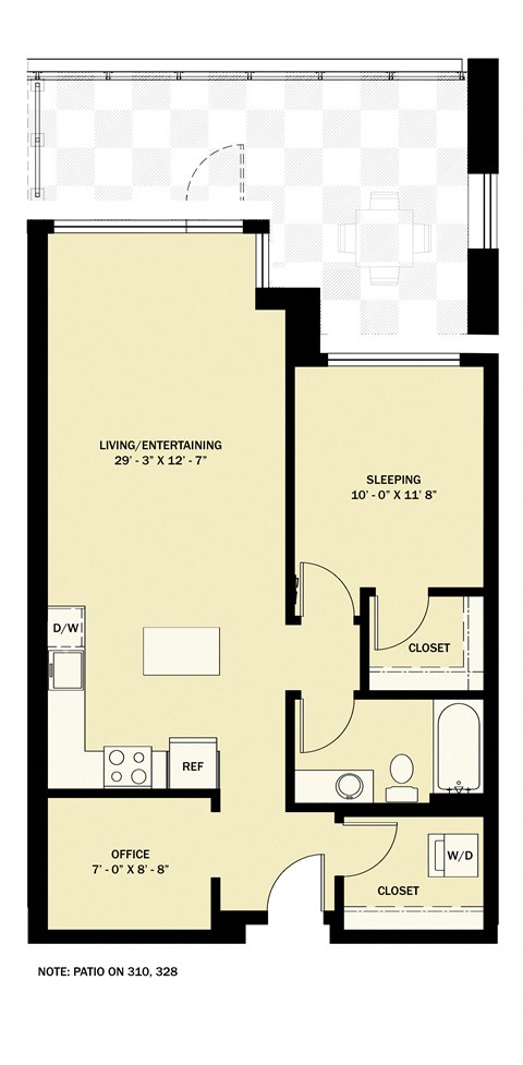 Floor plan for 1 bed, 1 bath, 833 sqft