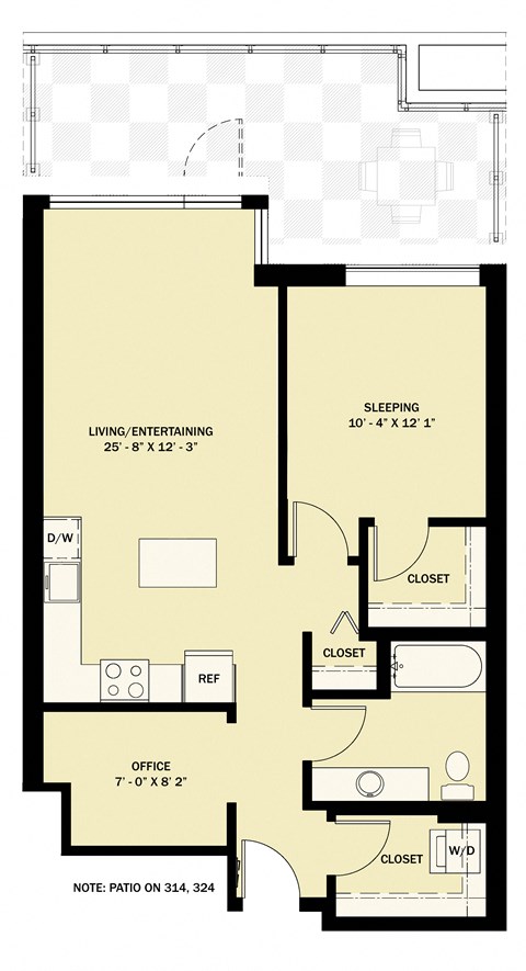 Floor plan for 1 bed, 1 bath, 819 sqft