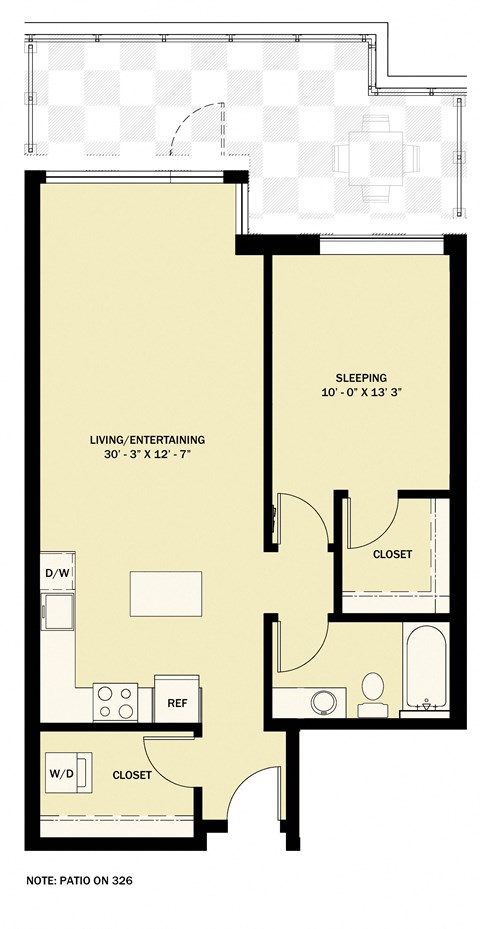 Floor plan for 1 bed, 1 bath, 802 sqft