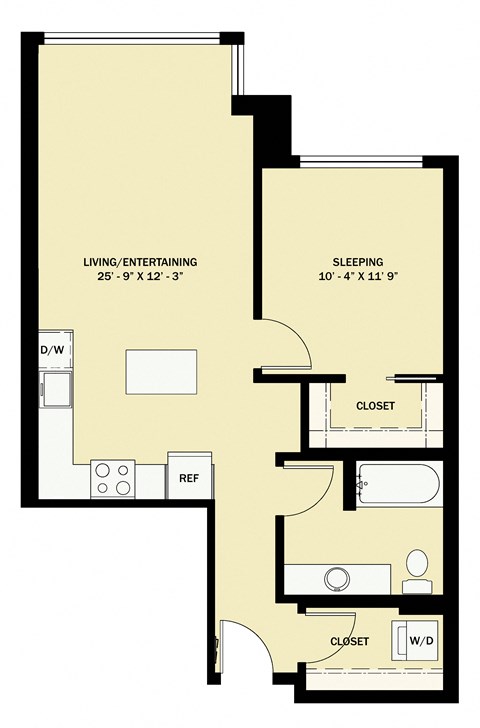 Floor plan for 1 bed, 1 bath, 714 sqft