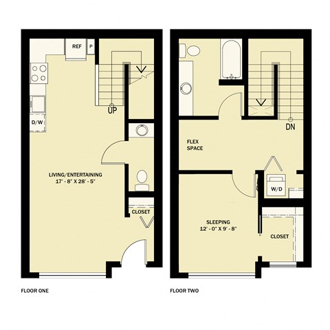 Floor plan for 1 bed, 1.5 baths, 854 sqft