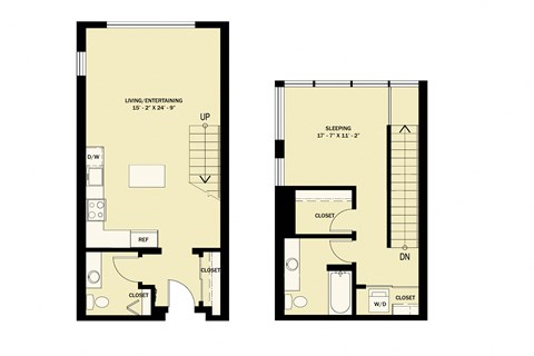 Floor plan for 1 bed, 1.5 baths, 908 sqft