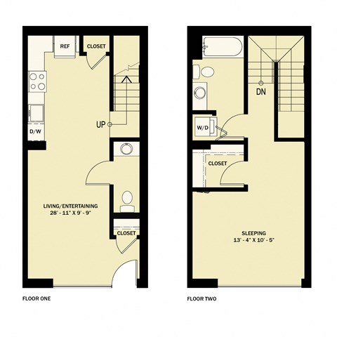 Floor plan for 1 bed, 1.5 baths, 805 sqft