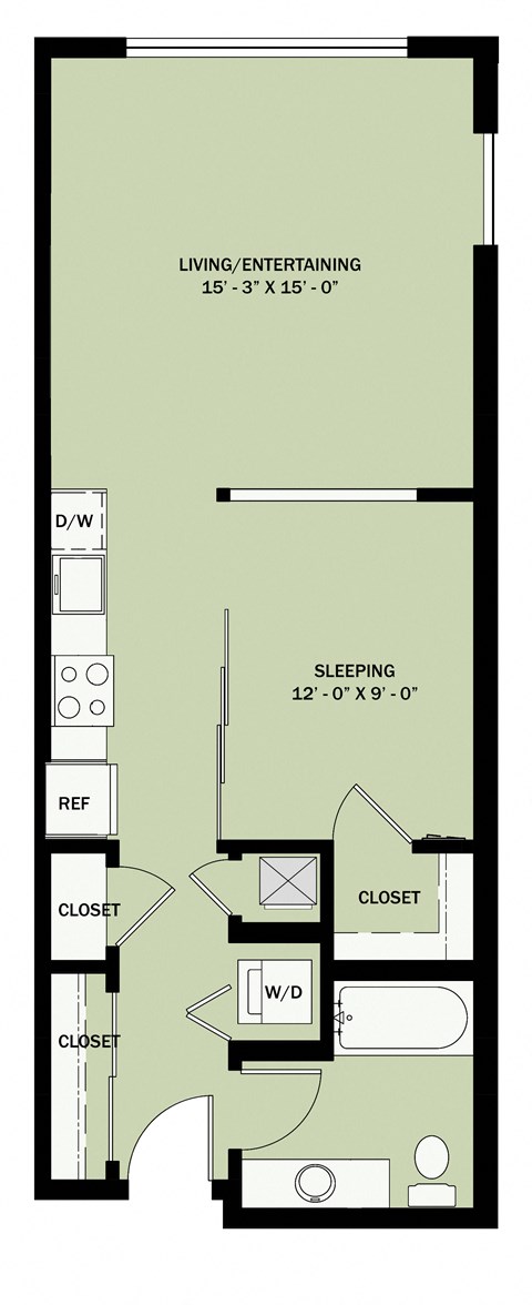 Floor plan for 1 bed, 1 bath, 671 sqft