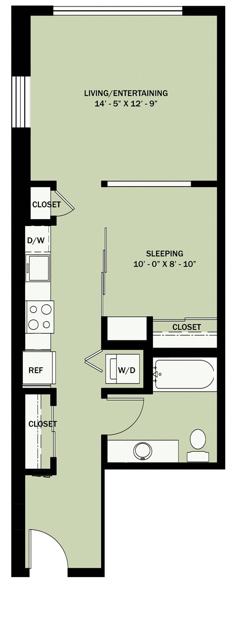 Floor plan for 1 bed, 1 bath, 594 sqft
