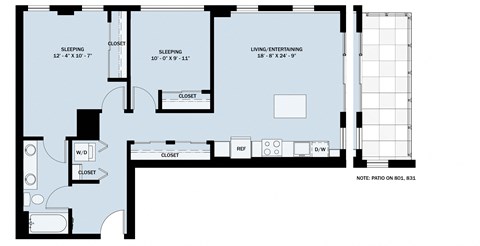 Floor plan for 2 beds, 1 bath, 941 sqft