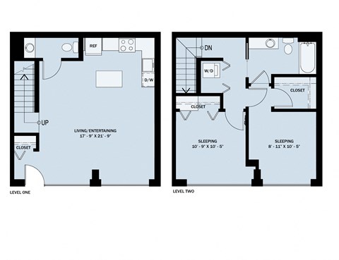Floor plan for 2 beds, 1.5 baths, 1009 sqft