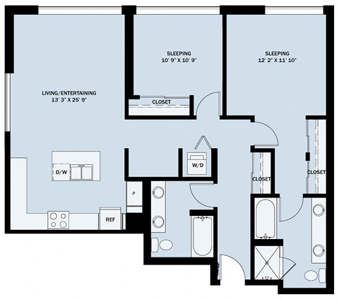 Floor plan for 2 beds, 2 baths, 1139 sqft