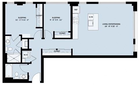 Floor plan for 2 beds, 2 baths, 1074 sqft
