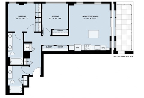 Floor plan for 2 beds, 2 baths, 1001 sqft