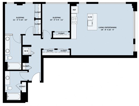 Floor plan for 2 beds, 2 baths, 1138 sqft