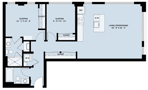 Floor plan for 2 beds, 2 baths, 1074 sqft