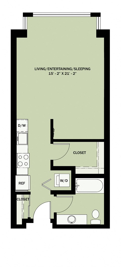 Floor plan for studio, 1 bath, 588 sqft
