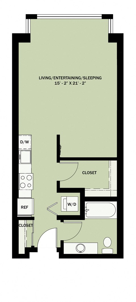 Floor plan for studio, 1 bath, 588 sqft