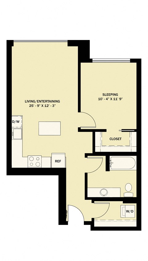 Floor plan for 1 bed, 1 bath, 672 sqft