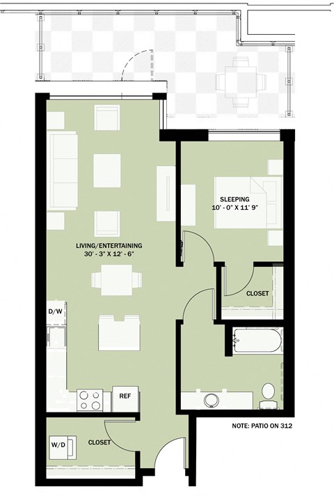 Floor plan for 1 bed, 1 bath, 802 sqft