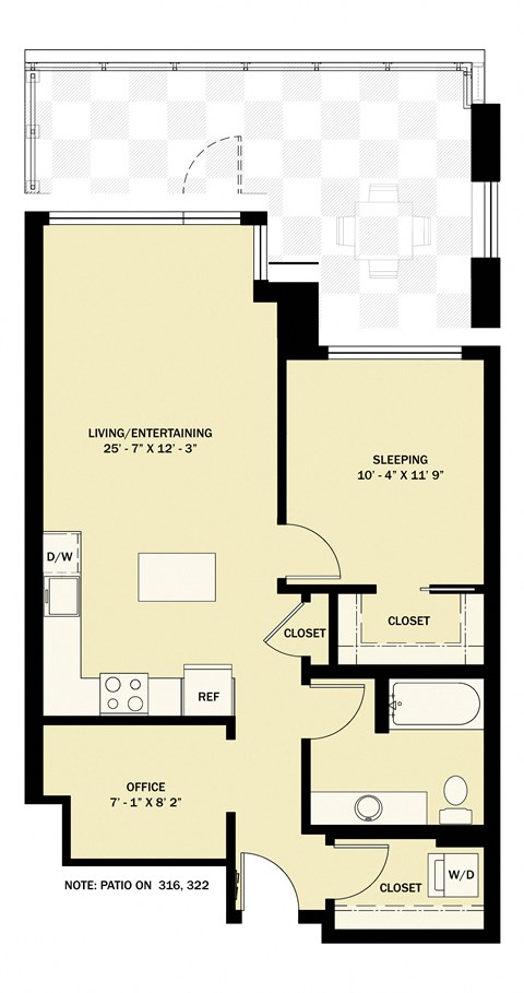 Floor plan for 1 bed, 1 bath, 789 sqft