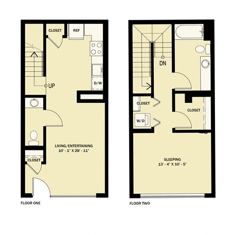 Floor plan for 1 bed, 1.5 baths, 805 sqft