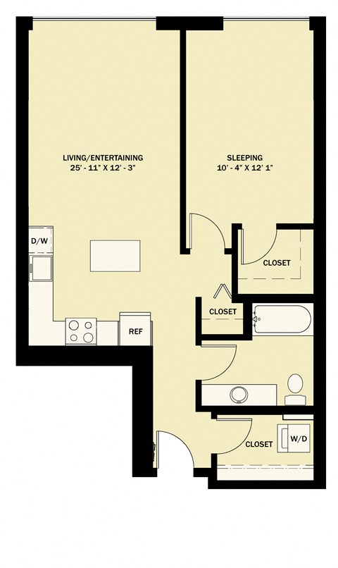 Floor plan for 1 bed, 1 bath, 702 sqft