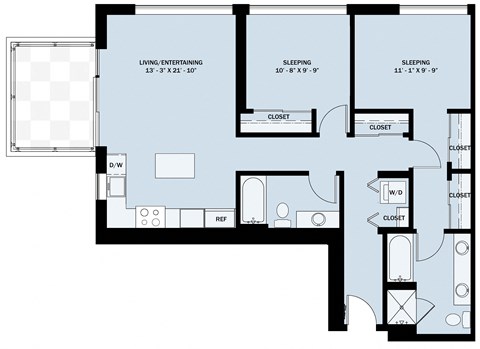 Floor plan for 2 beds, 2 baths, 1038 sqft