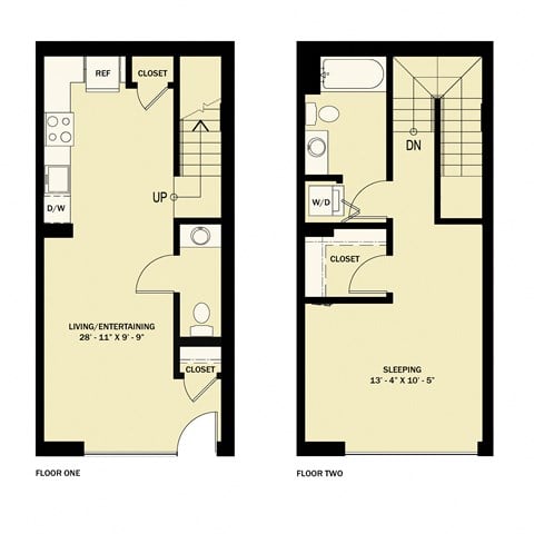 Floor plan for 1 bed, 1.5 baths, 820 sqft